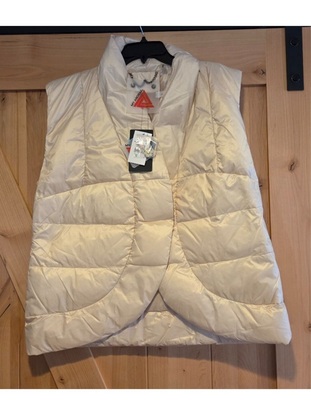 New! My Anorak Size L Bone Down Puffer Vest Curved Front Snap Lagenlook